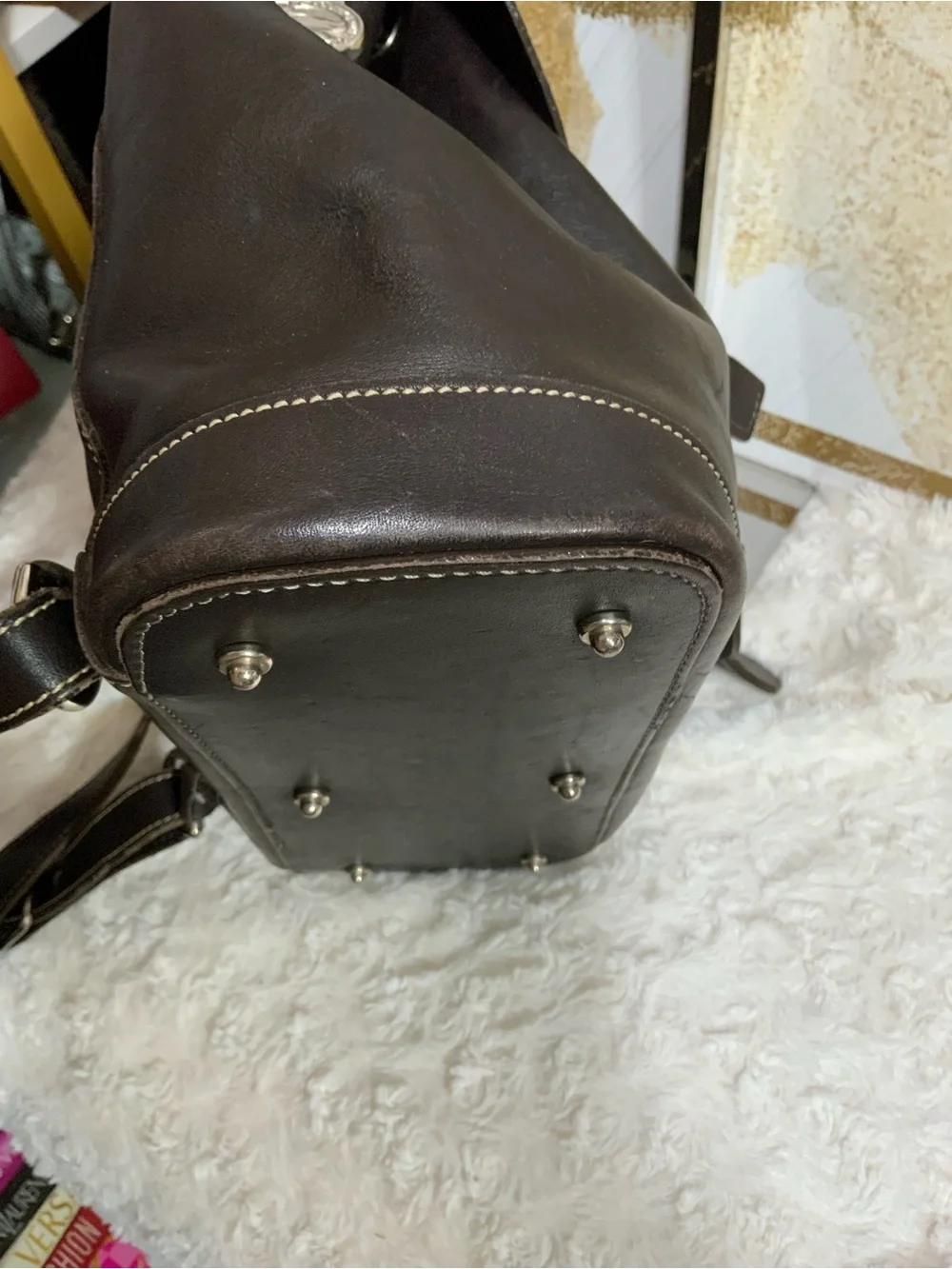 Dooney & Bourke Dark Brown Leather Drawstring Backpack